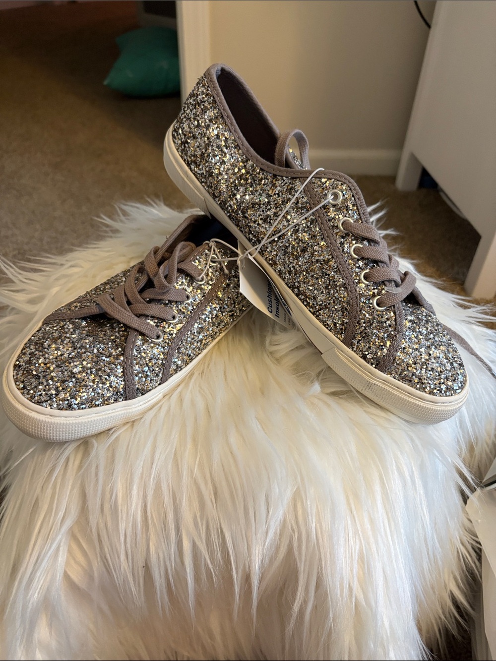 Old Navy Women's Glitter Lace-Up Sneakers in Taupe and Silver